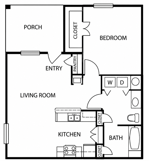 Floor plan for 1 bed, 1 bath, 814 sqft